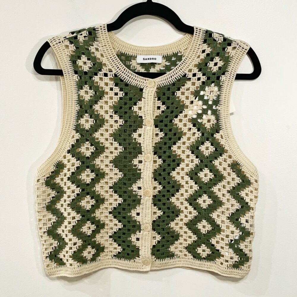Last Call! New Sandro Henrika Geo Crochet Vest Ecru Olive Large $295 - Picture 4 of 9